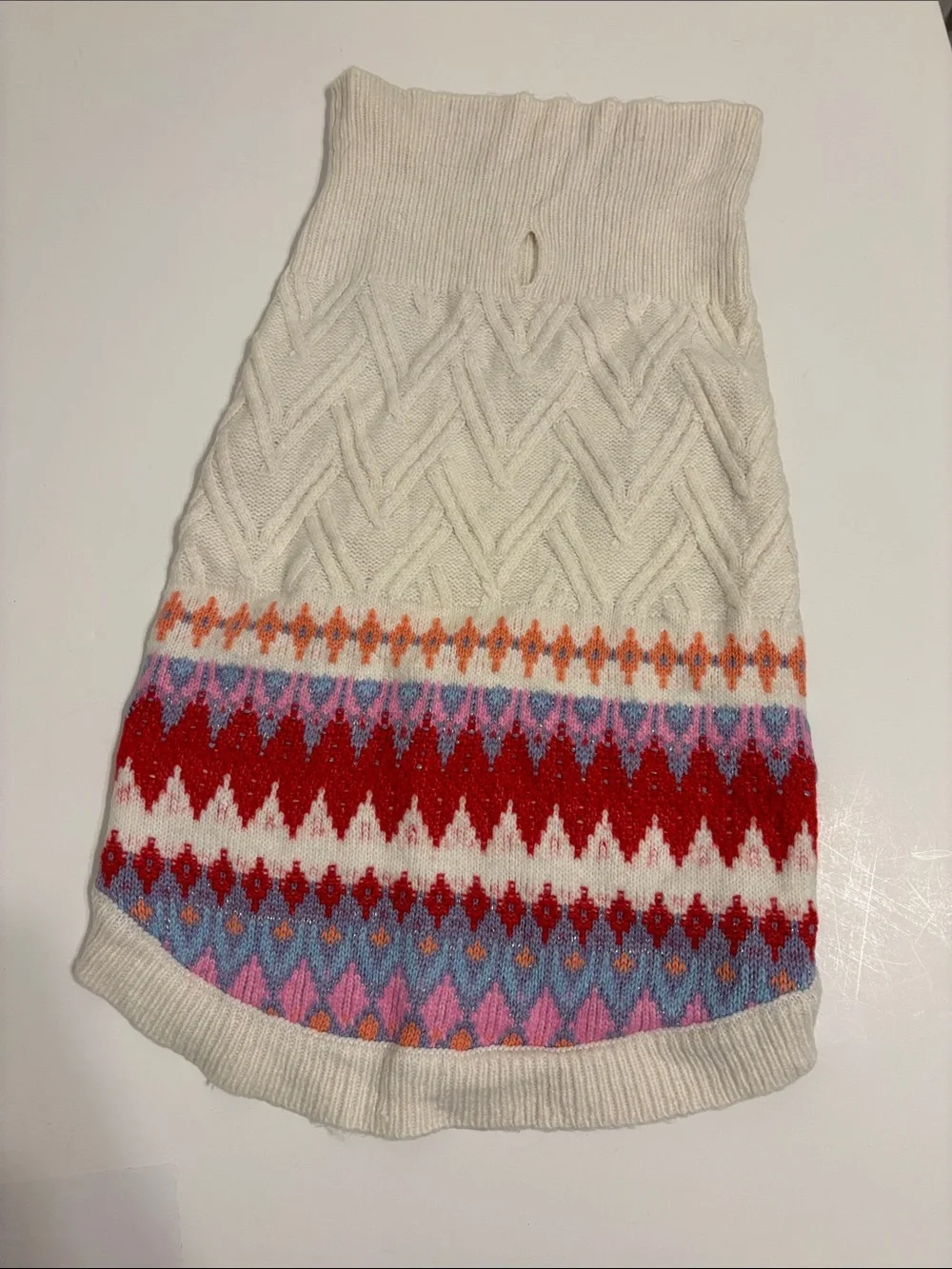 Cream Cable Knit Dog Sweater with Red & Multicolor Fair Isle Pattern - L
